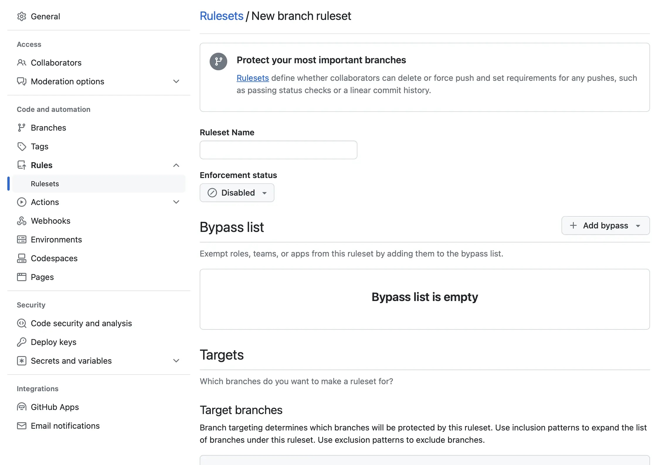 Github new branch ruleset screen